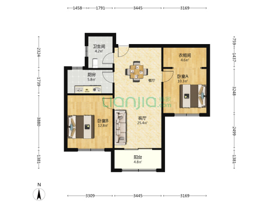鹤翔园瑞庭 2室1厅1卫 80平方