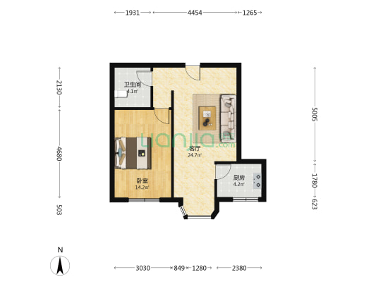 德信公园 正规一居，集中供暖，生活成本低，-户型图