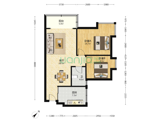 阳光领地 2室1厅1卫 88平方