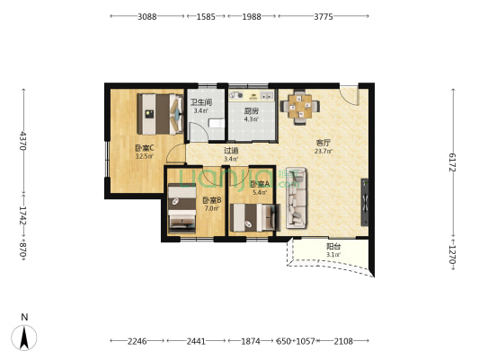 伟华楼 3室1厅1卫 76平方