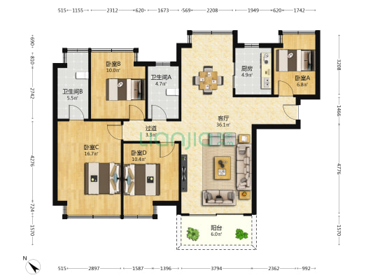 富基·云山湖镜 4室1厅2卫 122平方