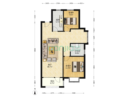 涿州城西桃源新都孔雀城，南北通透两居室-户型图