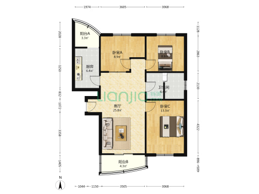 茗畅园公寓 3室1厅1卫 107平方
