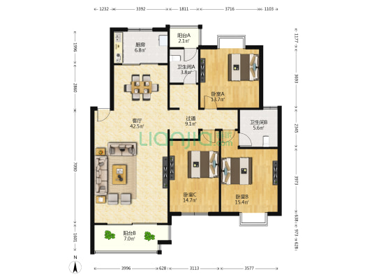 银燕名园 3室1厅2卫 135平方