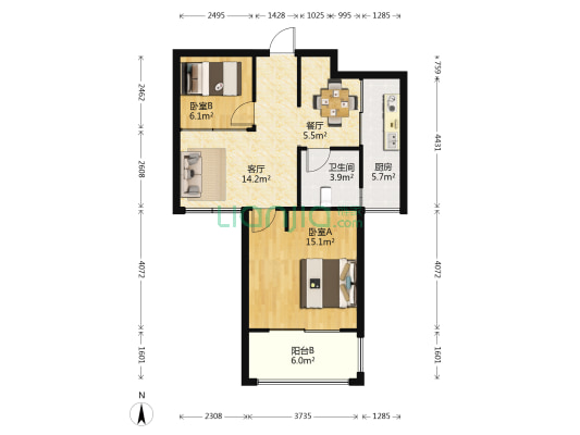 秦峰公寓 2室2厅1卫 71平方