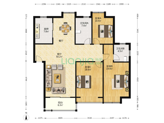 界龙阳光苑 3室1厅2卫 142平方