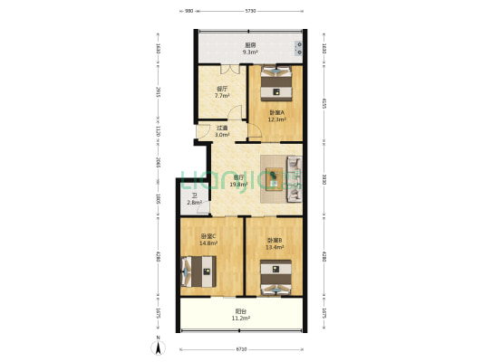 电控厂宿舍 3室2厅1卫 97平方