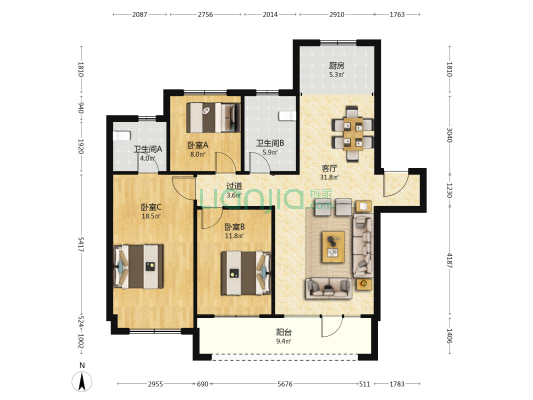 绿地樱花郡 3室1厅2卫 126平方