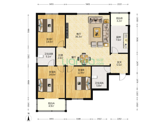 建北花园 3室1厅2卫 143平方
