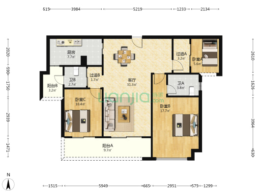中海寰宇天下三期 3室1厅2卫 114平方