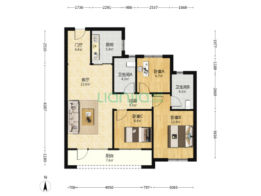 中海寰宇时代云境 3室1厅2卫 109平方