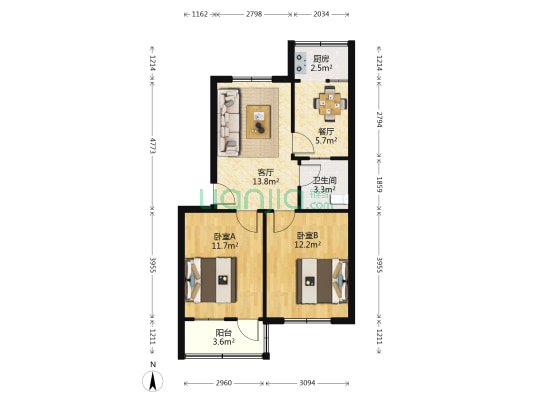 机械局宿舍(普照寺路57号) 2室2厅1卫 65平方