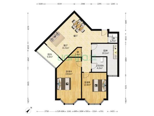 凯旋花苑 2室1厅2卫 110平方