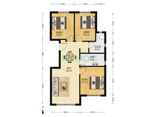 保利罗兰A3区 3室1厅1卫 92平方