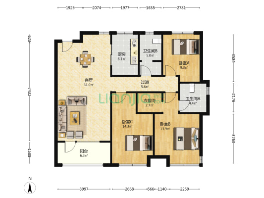 海信璞悦 3室1厅2卫 135平方