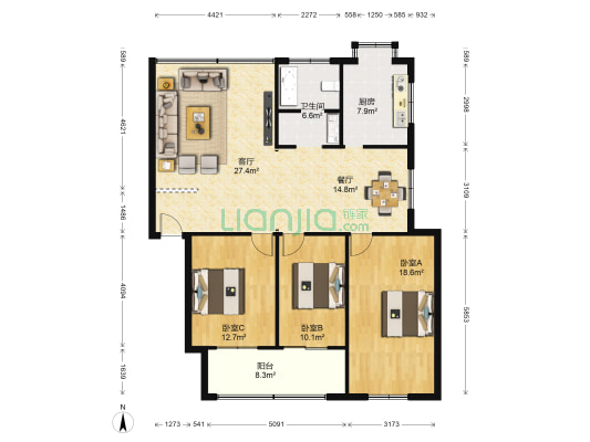 清和园(东风汽车大道) 3室2厅1卫 137平方
