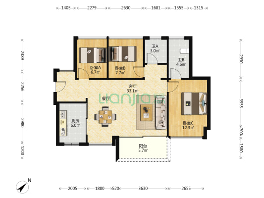 卓越旭辉江屿海 3室1厅2卫 92平方