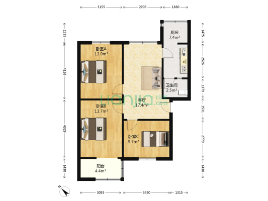 人民中路一段6号 3室1厅1卫 76平方