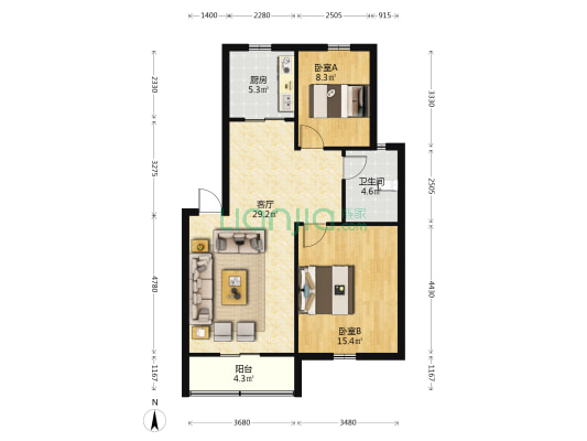 三和居 2室1厅1卫 136平方
