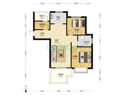瀚海航城 2室1厅1卫 89平方