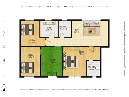 丽珠小区 3室1厅2卫 115平方
