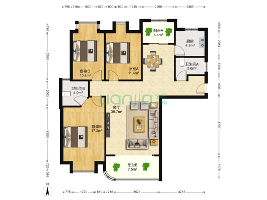 尚南云顶 3室1厅2卫 118平方