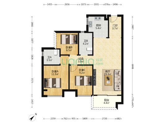 钧明城一期 3室1厅2卫 95平方