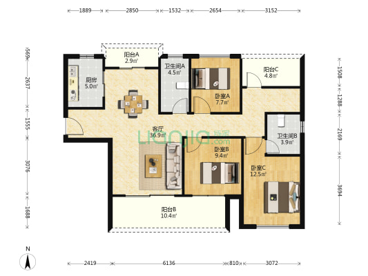 美庐（二期） 3室1厅2卫 118平方
