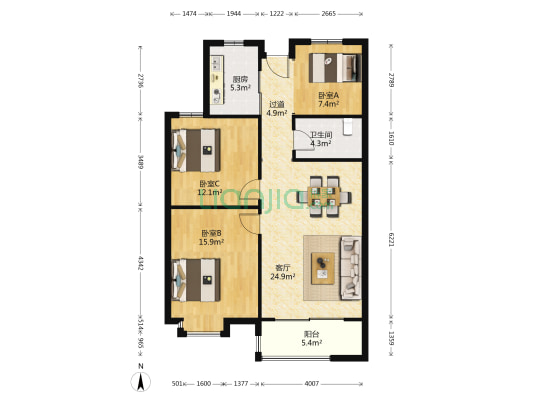 星海都市公馆 3室1厅1卫 112平方