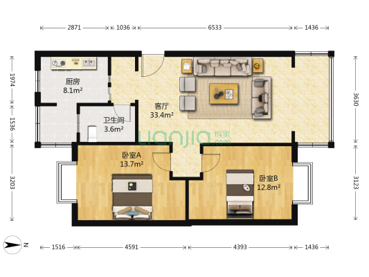 康桥水乡B区 2室1厅1卫 88平方
