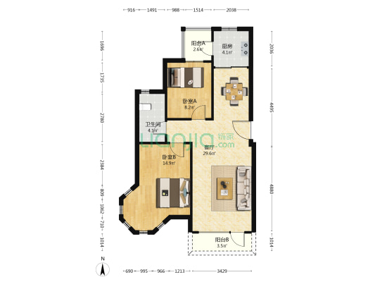 国奥花园四期 2室1厅1卫 87平方