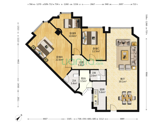 天诚大厦二期 3室1厅2卫 113平方