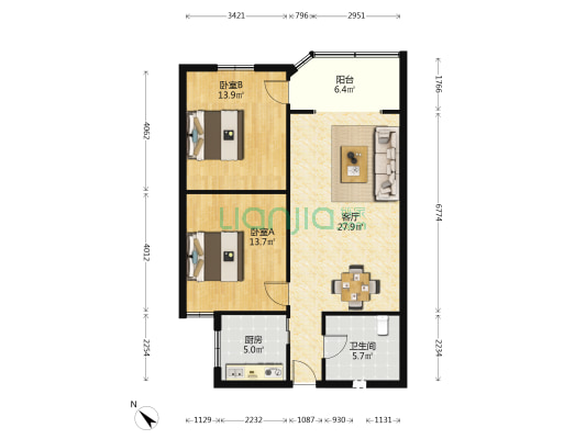 新天地小区 2室1厅1卫 88平方
