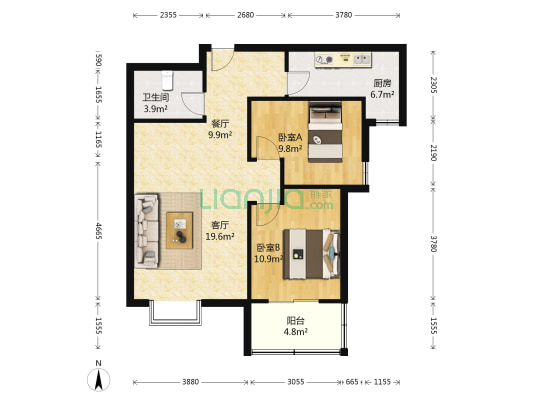 华阳路联合一号院精装两居。本满二年。-户型图