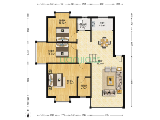 文华花园 3室1厅1卫 125平方