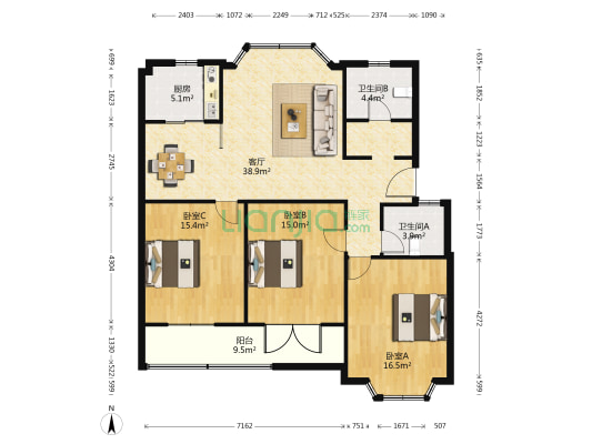 三官桥小区 3室1厅2卫 124平方