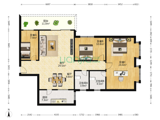华景花园 3室2厅2卫 132平方