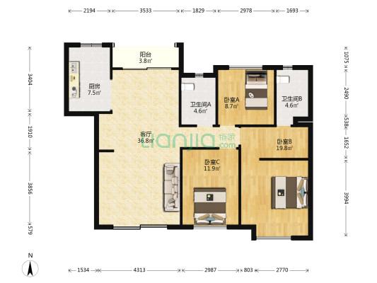 中海山湖世家 3室1厅2卫 129平方
