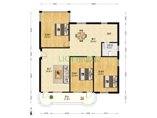 湖滨路48号 3室2厅1卫 126平方