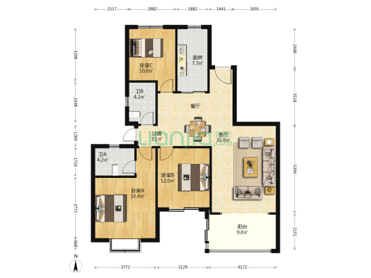恒大山水城花溪水岸 3室1厅2卫 132平方
