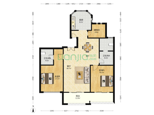 君临颐和花园 2室1厅2卫 138平方