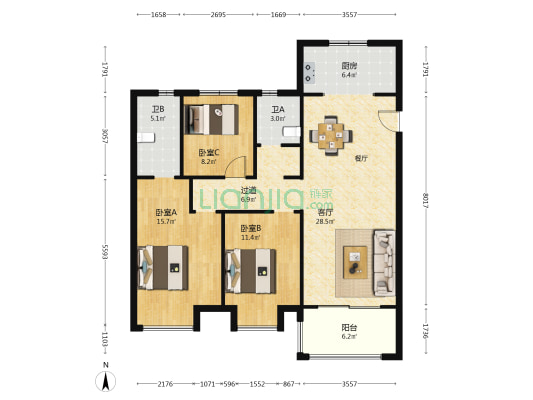 景安家园 3室1厅2卫 123平方