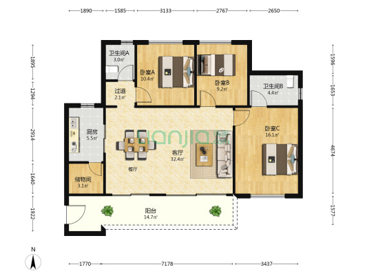 创佳金色年华 3室1厅2卫 128平方