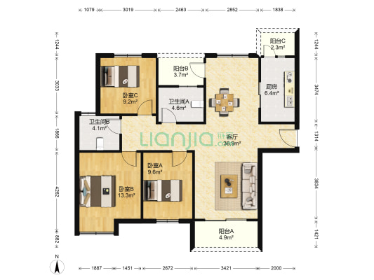 东方玉园 3室1厅2卫 122平方