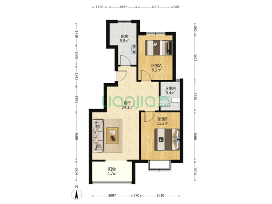 开发区 电梯房 精装 南北通透 两居，证满税少-户型图