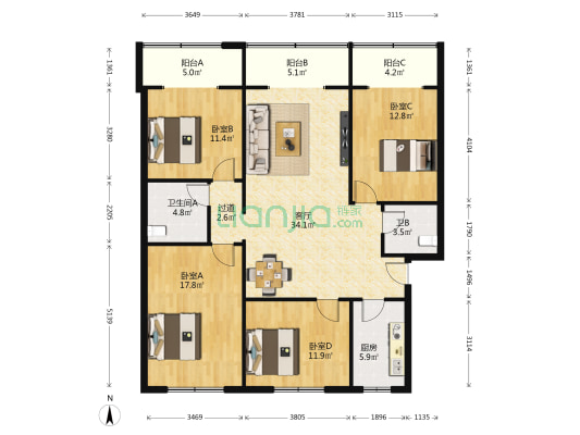 灵龙路285号 4室1厅2卫 139平方