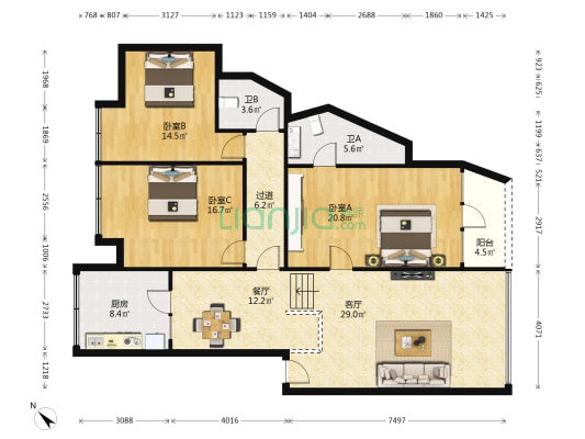 夏宫国际花园 3室2厅2卫 129平方