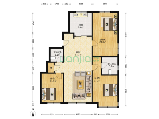 豪邦锦上 3室1厅2卫 137平方