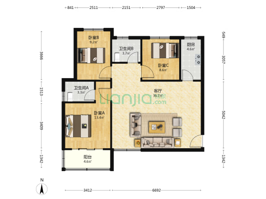 文鼎佳苑 3室1厅2卫 121平方