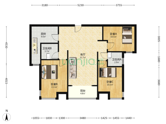 金品时代  一层全南三居室  采光好  接地气-户型图